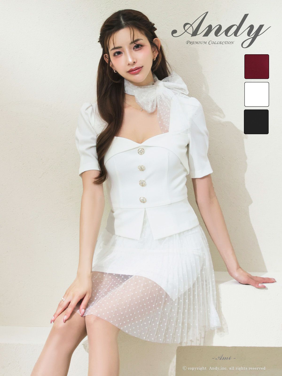 キャバドレス Andy アンディ　高級 ブランド Aラインミニドレス セットアップ ドット柄 半袖 チュールスカーフ リボン スクエアネック ビジューボタン