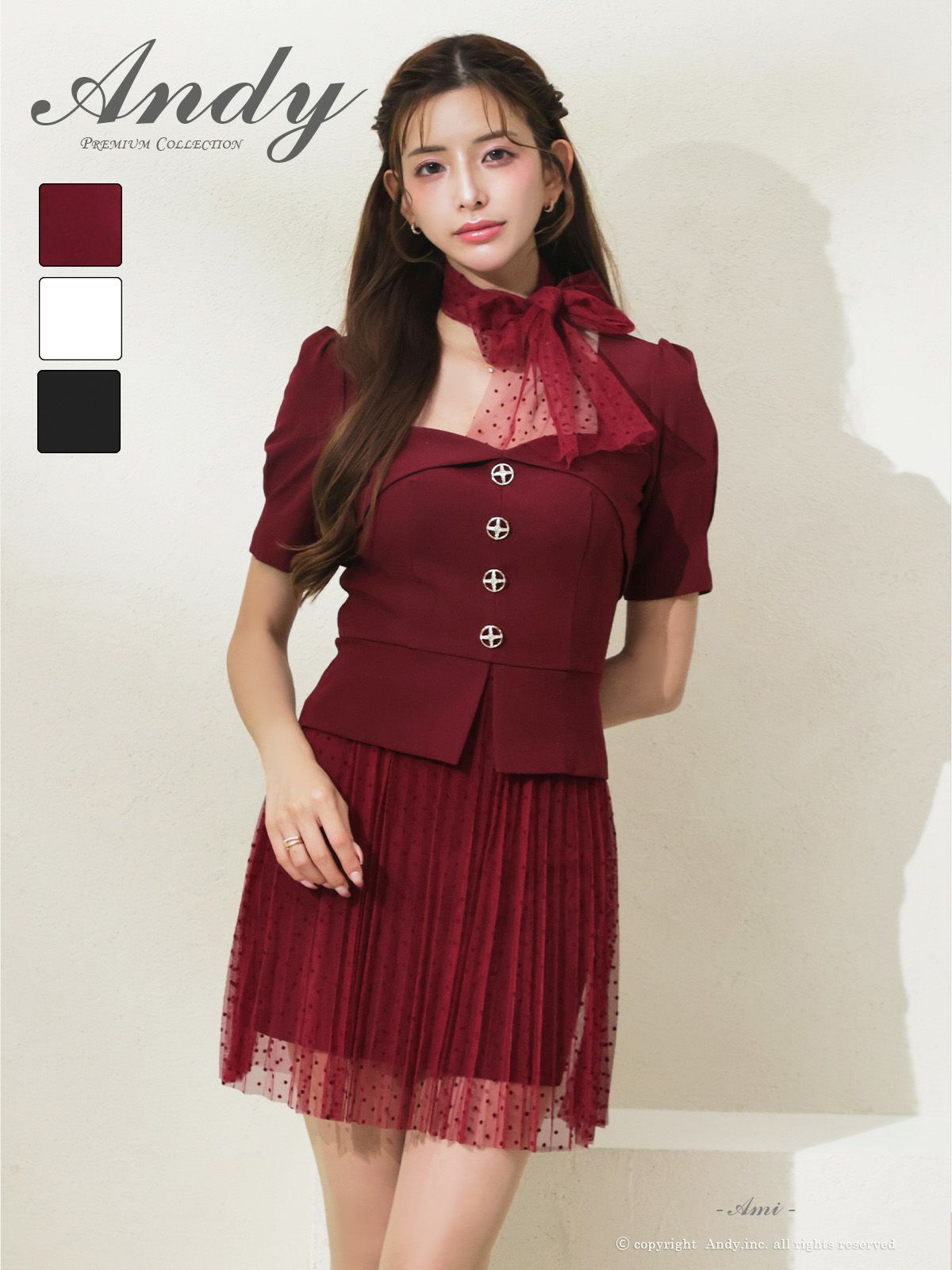 キャバドレス Andy アンディ　高級 ブランド Aラインミニドレス セットアップ ドット柄 半袖 チュールスカーフ リボン スクエアネック ビジューボタン