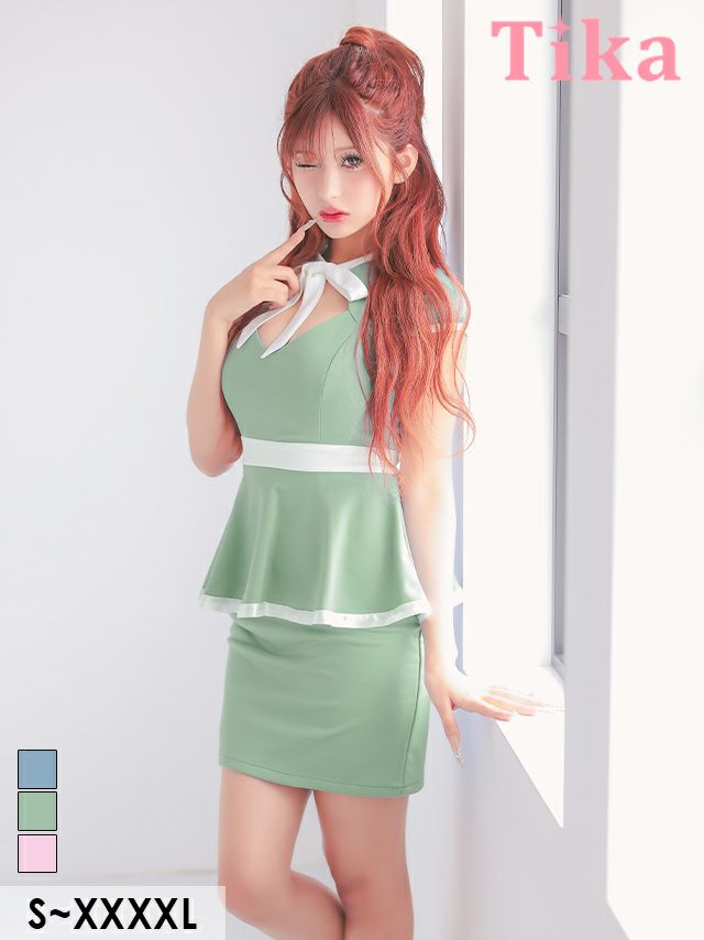 キャバドレス ミニ丈 大きいサイズ タイト ミニドレス ペプラム 体型カバー 半袖