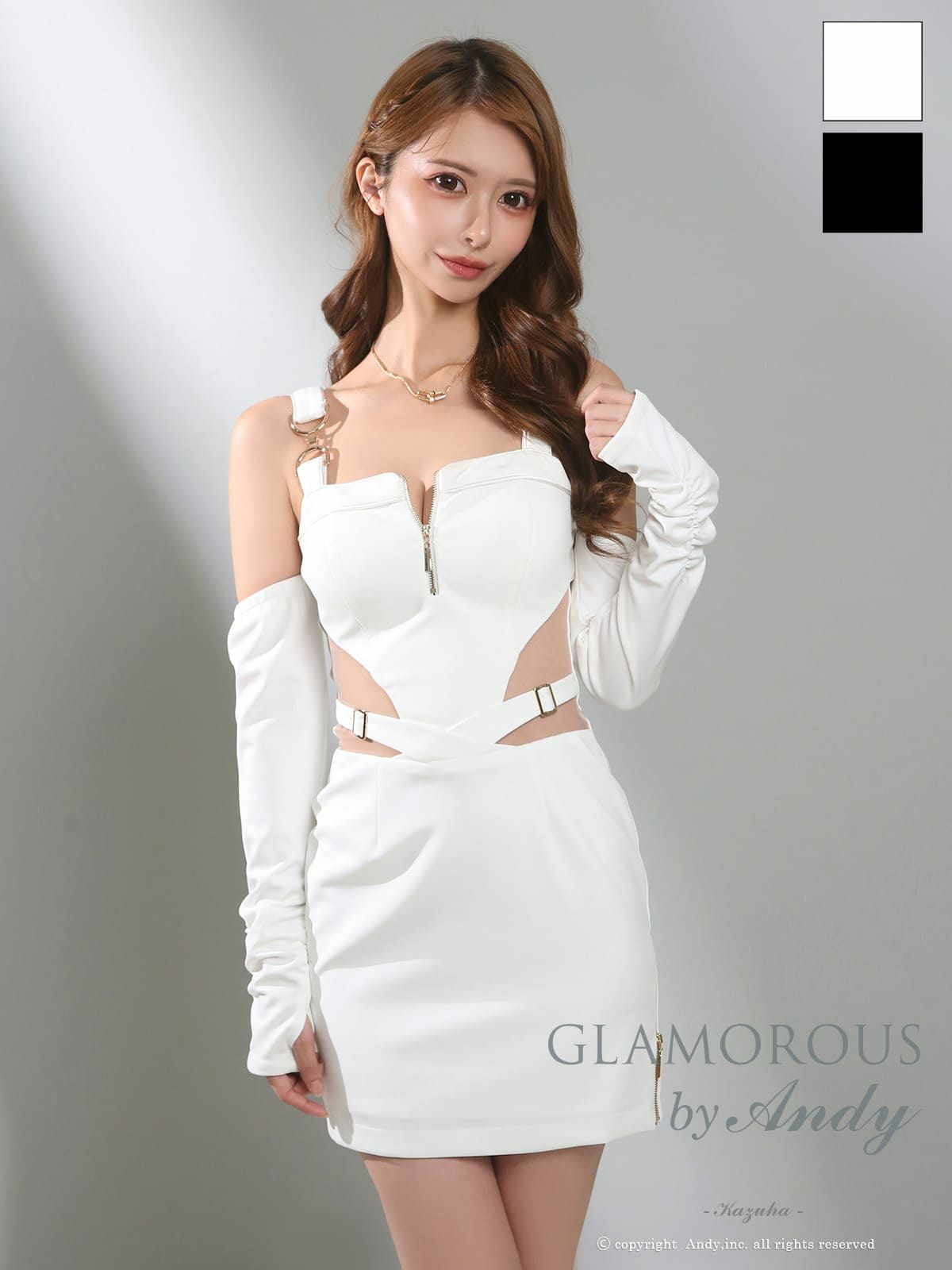 [AndyGLAMOROUS/アンディグラマラス] 高級 タイト ミニドレス 長袖 谷間 肩出し 二の腕カバー ウエストカット 袖あり ジップ 取り外し可能