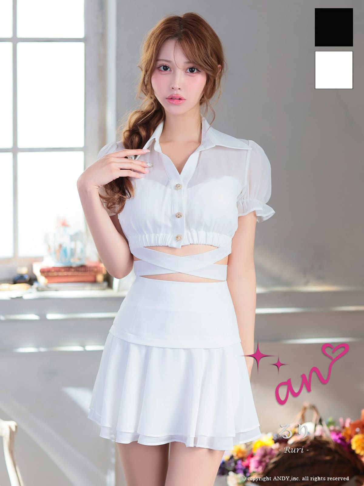 [an/アン] 高級 Aライン ミニドレス 半袖 セットアップ ウエストリボン 襟付き パフスリーブ フレア