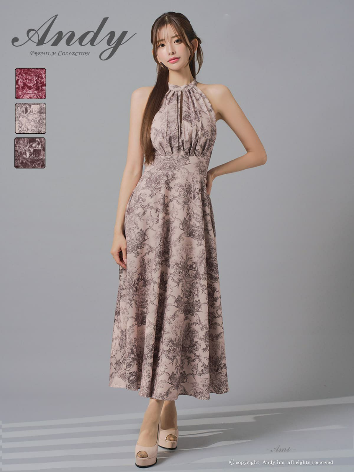[Andy/アンディ] 高級 Aライン ロングドレス ノースリーブ ホルターネック 花柄