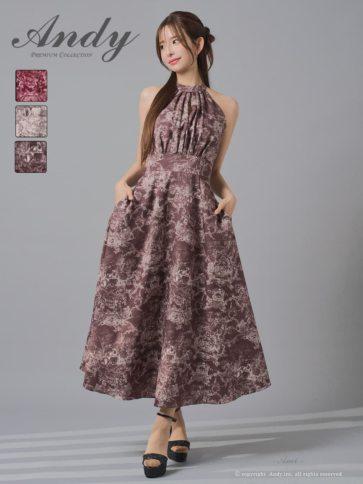 [Andy/アンディ] 高級 Aライン ロングドレス ノースリーブ ホルターネック 花柄