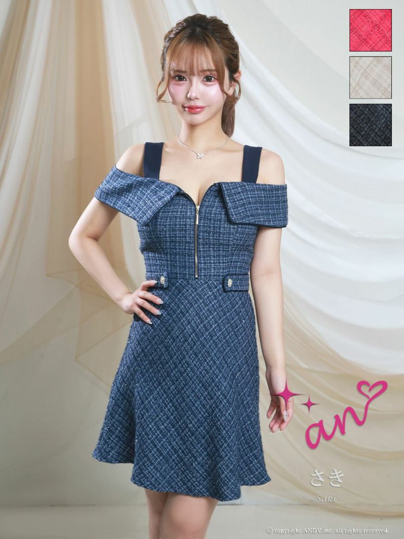 [an/アン] 高級 タイト ミニドレス 谷間 肩出し 二の腕カバー ジップ チェック柄