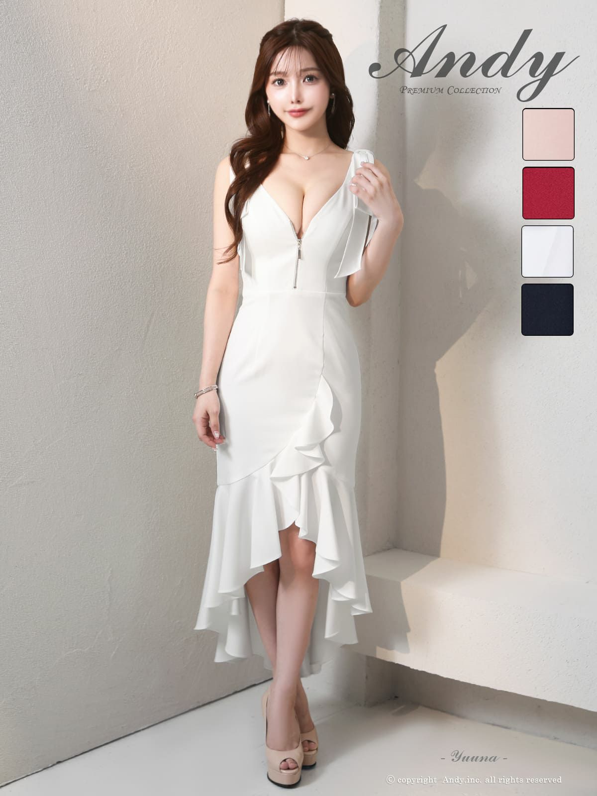 [Andy/アンディ] 高級 タイト ロングテール 谷間 大人 ノースリーブ ジップ 裾フリル 肩リボン 