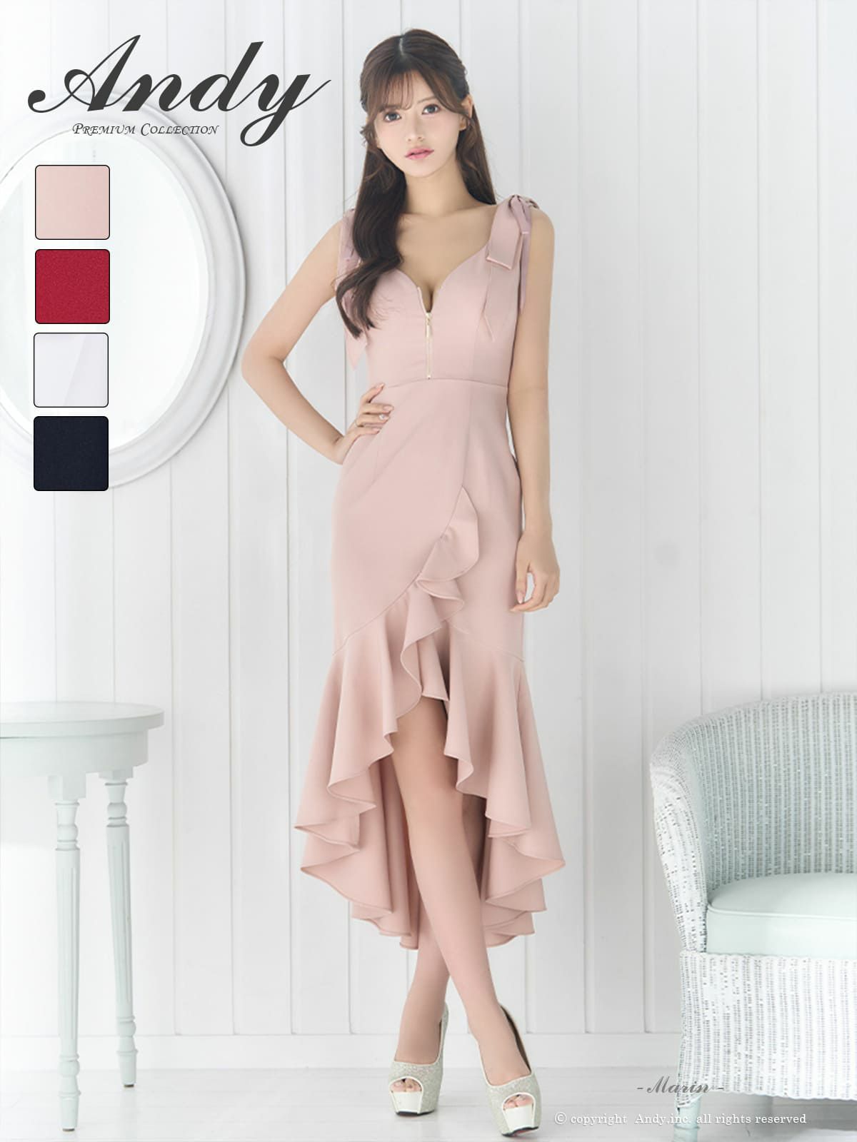 [Andy/アンディ] 高級 タイト ロングテール 谷間 大人 ノースリーブ ジップ 裾フリル 肩リボン 