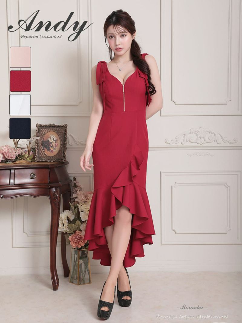 [Andy/アンディ] 高級 タイト ロングテール 谷間 大人 ノースリーブ ジップ 裾フリル 肩リボン 