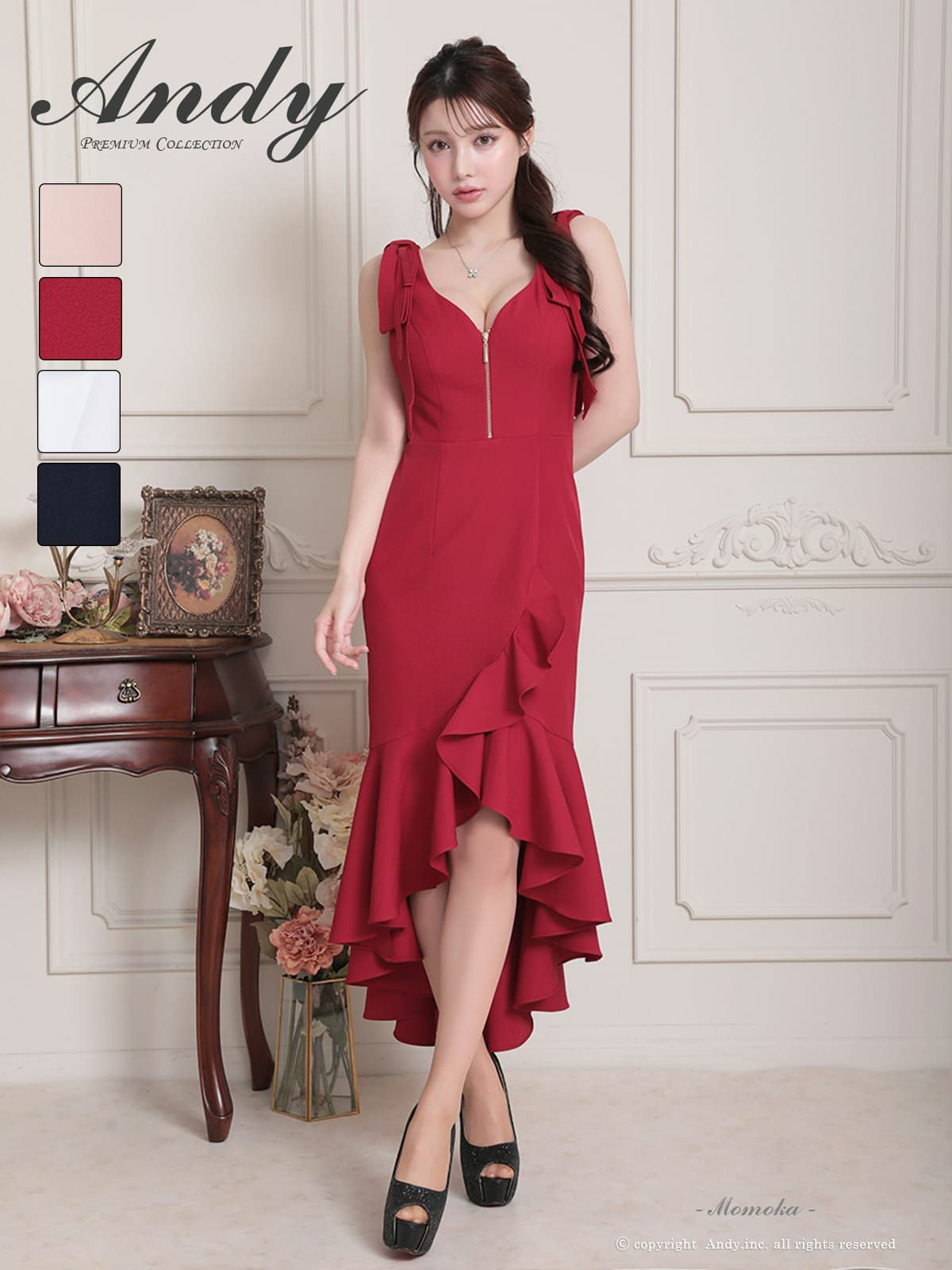 [Andy/アンディ] 高級 タイト ロングテール 谷間 大人 ノースリーブ ジップ 裾フリル 肩リボン 