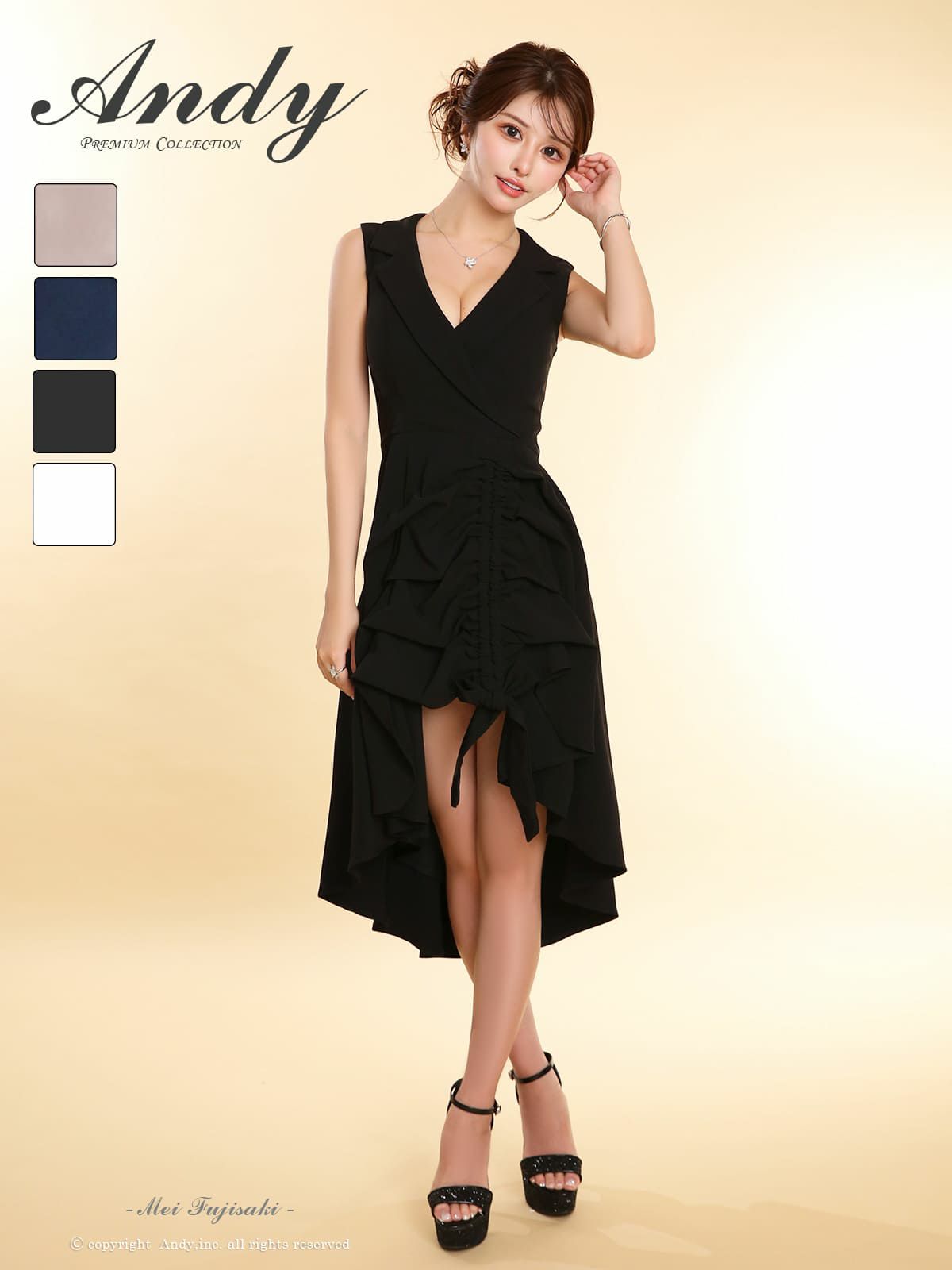 [Andy/アンディ] 高級 Aライン　膝丈ドレス ロングテール 谷間 ノースリーブ　上品 襟付き