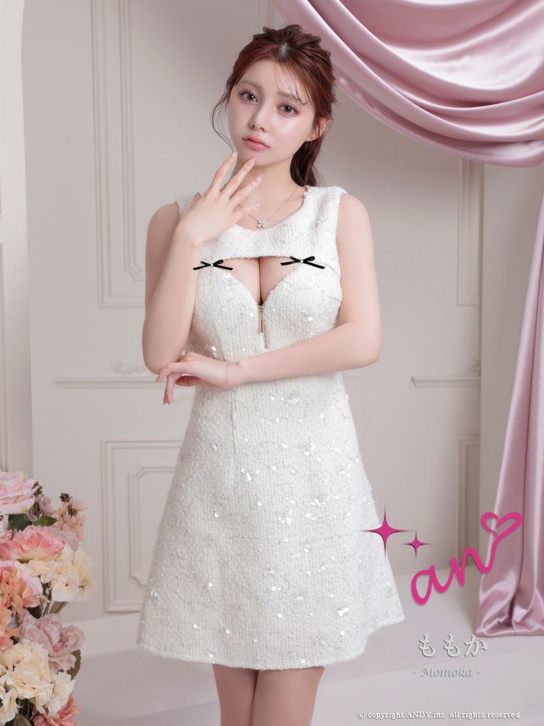 [an/アン] 高級 Aライン ミニドレス　谷間 ノースリーブ　バストカット　ツイード　リボン