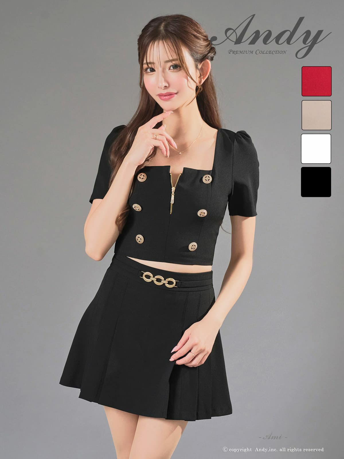 [Andy/アンディ] 高級 ワンピース Aラインミニドレス セットアップ 谷間 半袖 襟付き ジップ ボタン