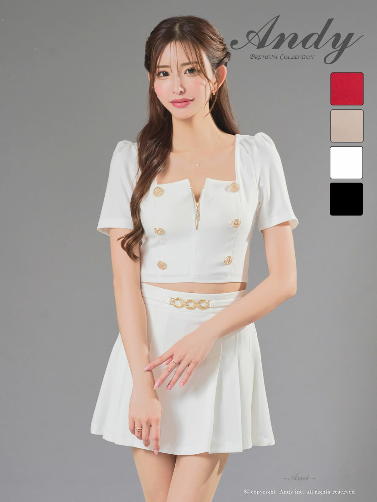 [Andy/アンディ] 高級 ワンピース Aラインミニドレス セットアップ 谷間 半袖 襟付き ジップ ボタン