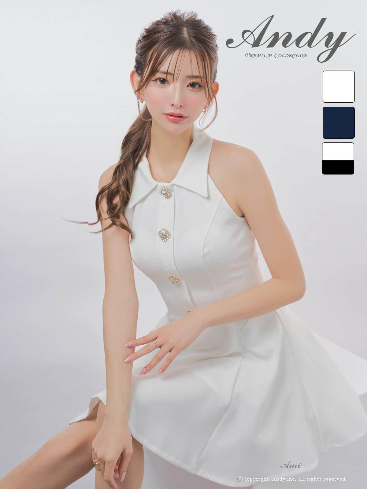 [Andy/アンディ] 高級 ワンピース Aライン ミニドレス ノースリーブ シンプル 上品 襟付き