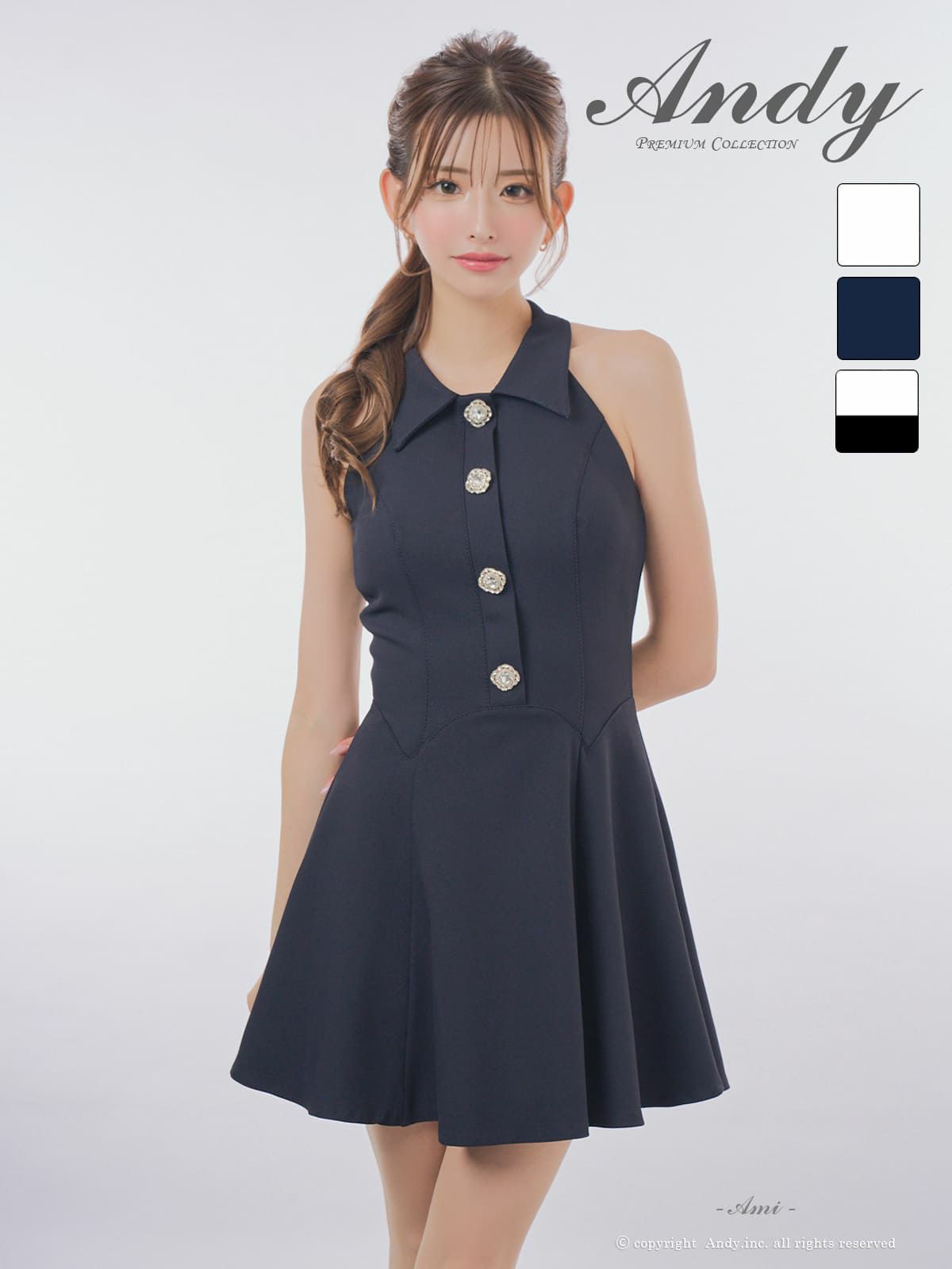 [Andy/アンディ] 高級 ワンピース Aライン ミニドレス ノースリーブ シンプル 上品 襟付き