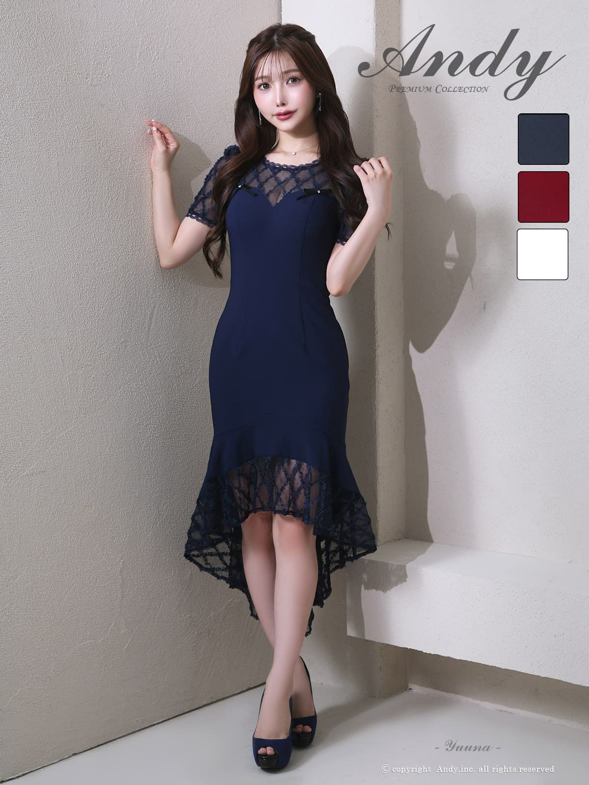 [Andy/アンディ] 高級 Aライン ロングドレス　ロングテール チェック柄 半袖 リボン