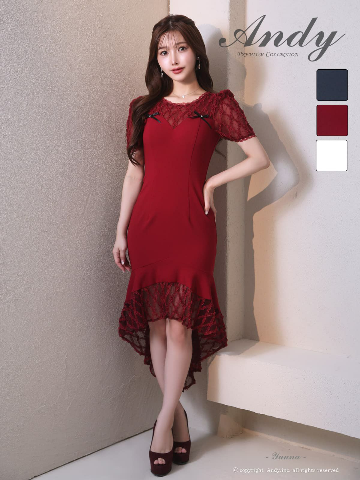 [Andy/アンディ] 高級 Aライン ロングドレス　ロングテール チェック柄 半袖 リボン