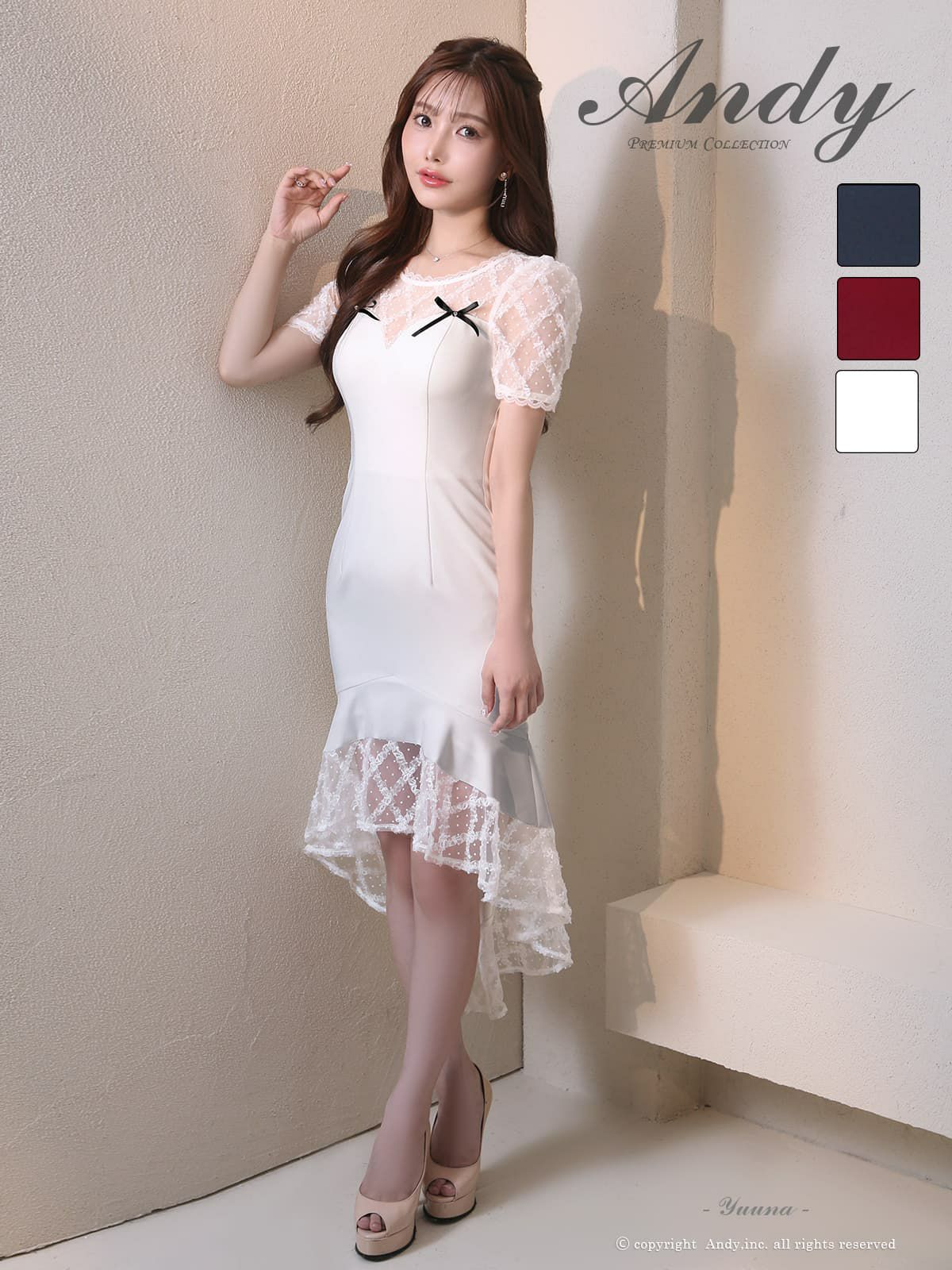 [Andy/アンディ] 高級 Aライン ロングドレス　ロングテール チェック柄 半袖 リボン