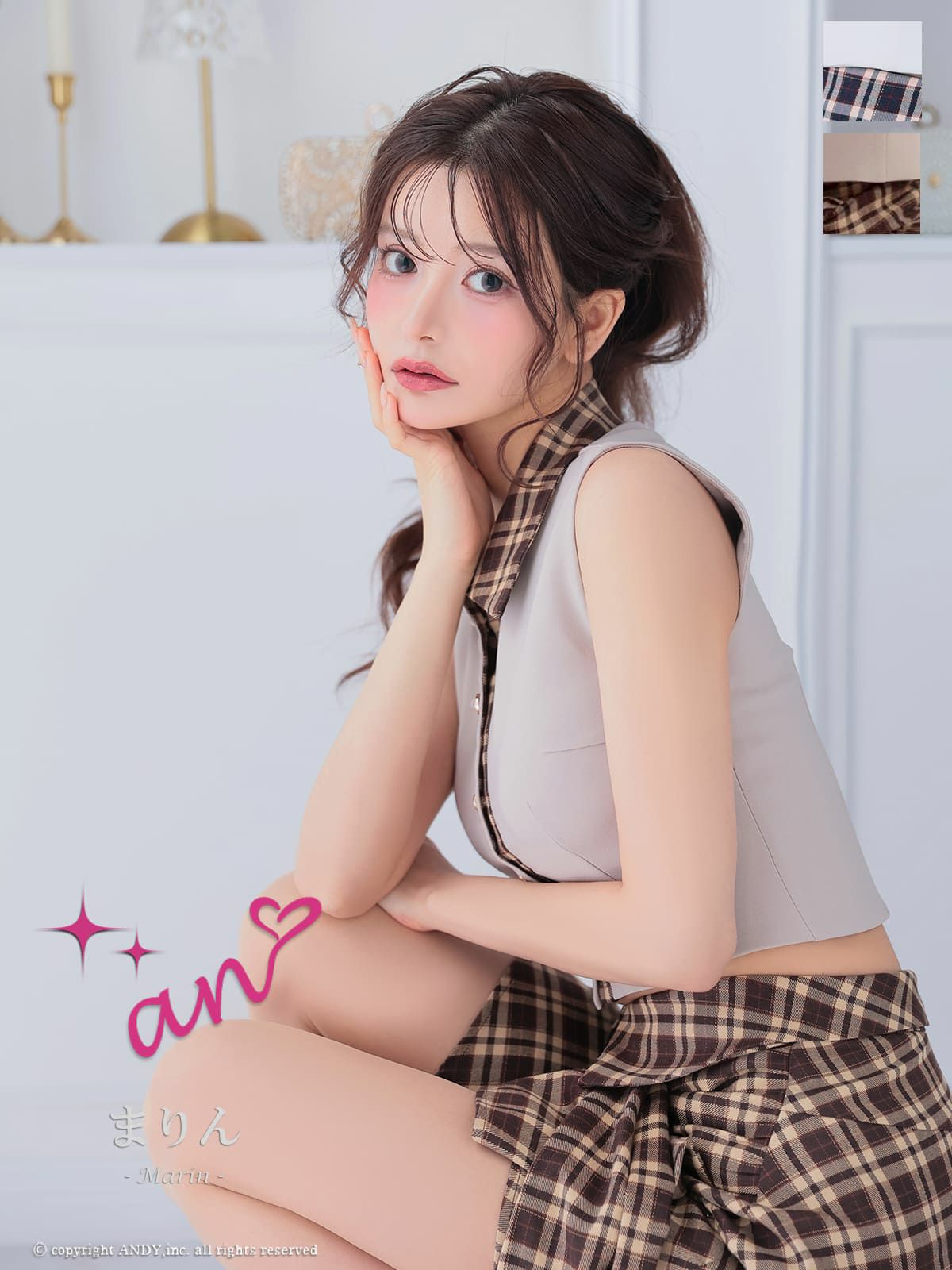 [an/アン] 高級 Aライン ミニドレス ノースリーブ チェック柄 襟付き セットアップ