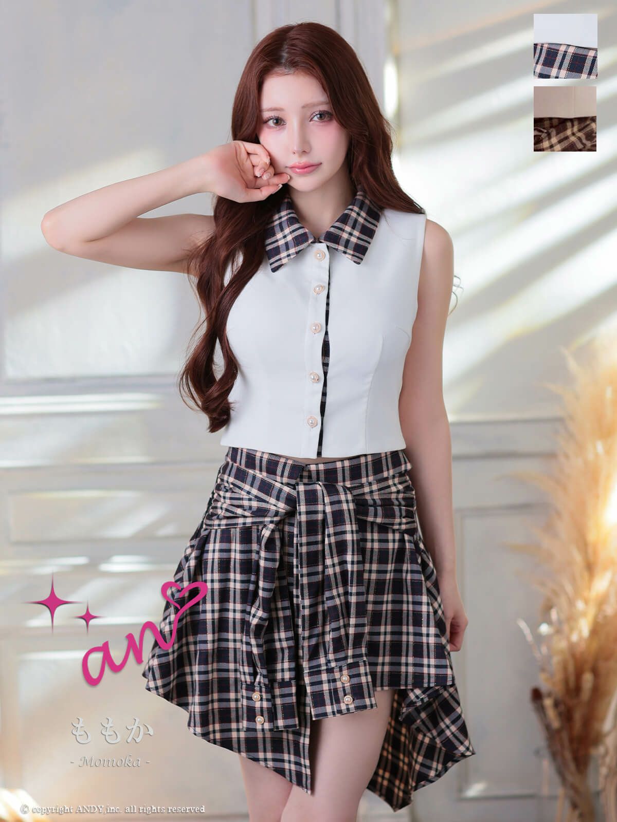 [an/アン] 高級 Aライン ミニドレス ノースリーブ チェック柄 襟付き セットアップ