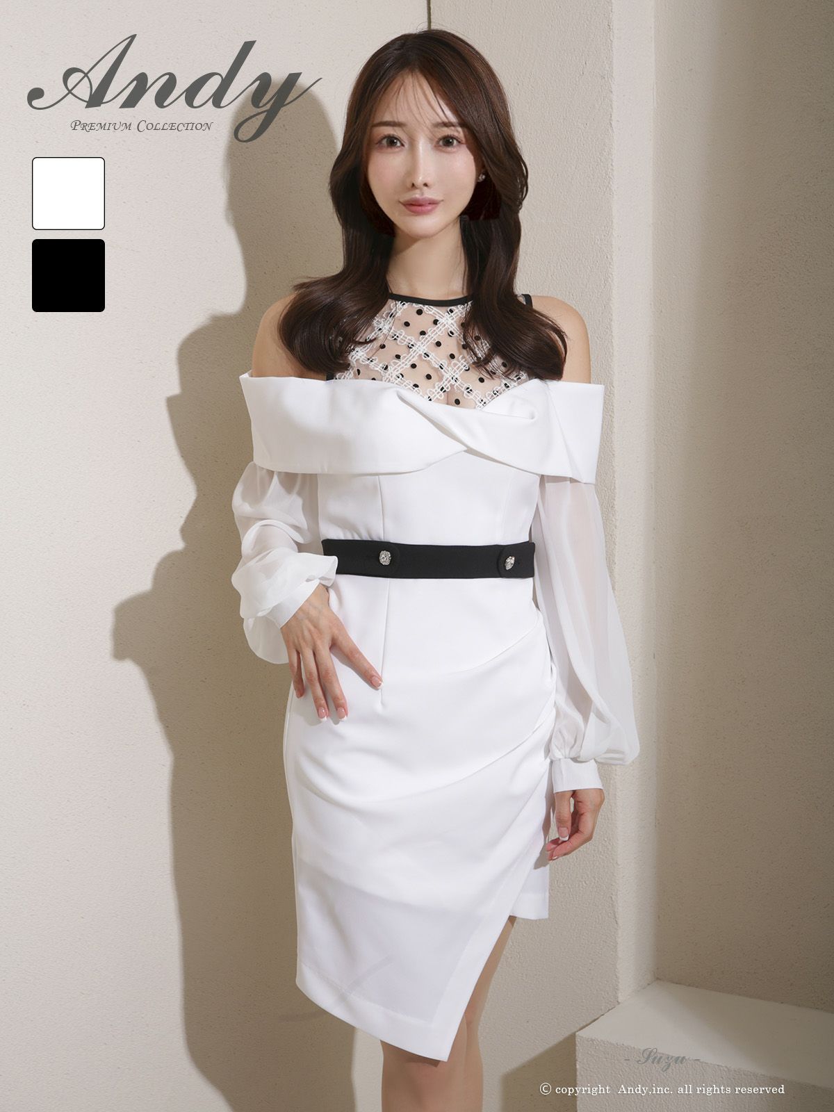 キャバドレス Andy アンディ　高級 タイト ミニドレス 長袖 ノースリーブ ドット柄 肩出し シアースリーブ キャバドレス