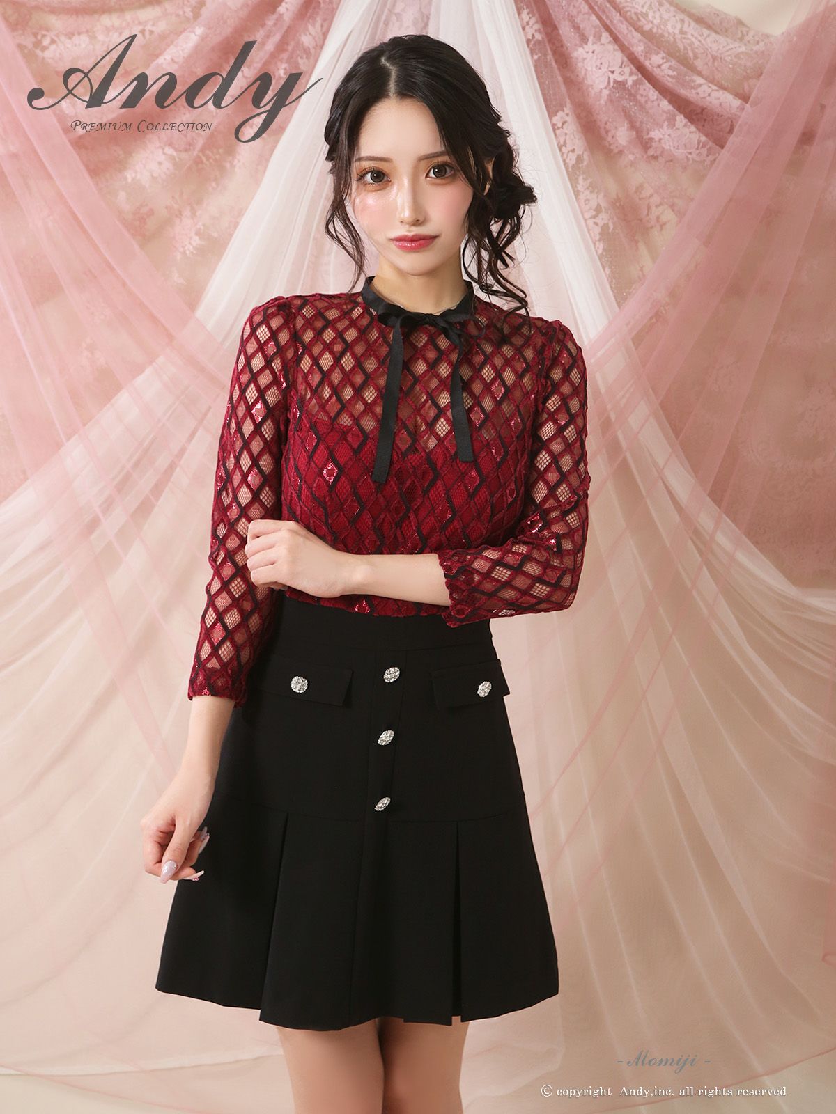 キャバドレス Andy アンディ　高級 ブランド Aライン ミニドレス レース 袖あり 七部袖 ネックリボン プリーツスカート ボタン キャバドレス