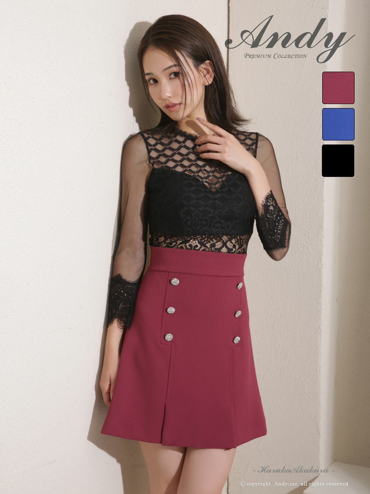 キャバドレス Andy アンディ　高級 ブランド Aライン ミニドレス レース 袖あり 七部袖 シアー プリーツスカート ボタン キャバドレス