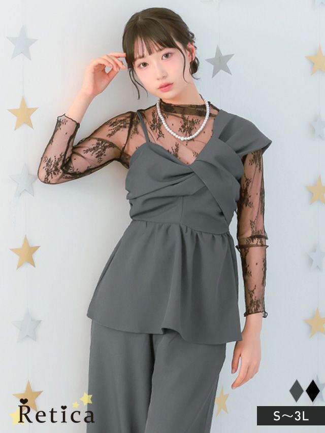 アシンメトリークロスデザインペプラムセットアップパンツドレス(Sサイズ～3Lサイズ)