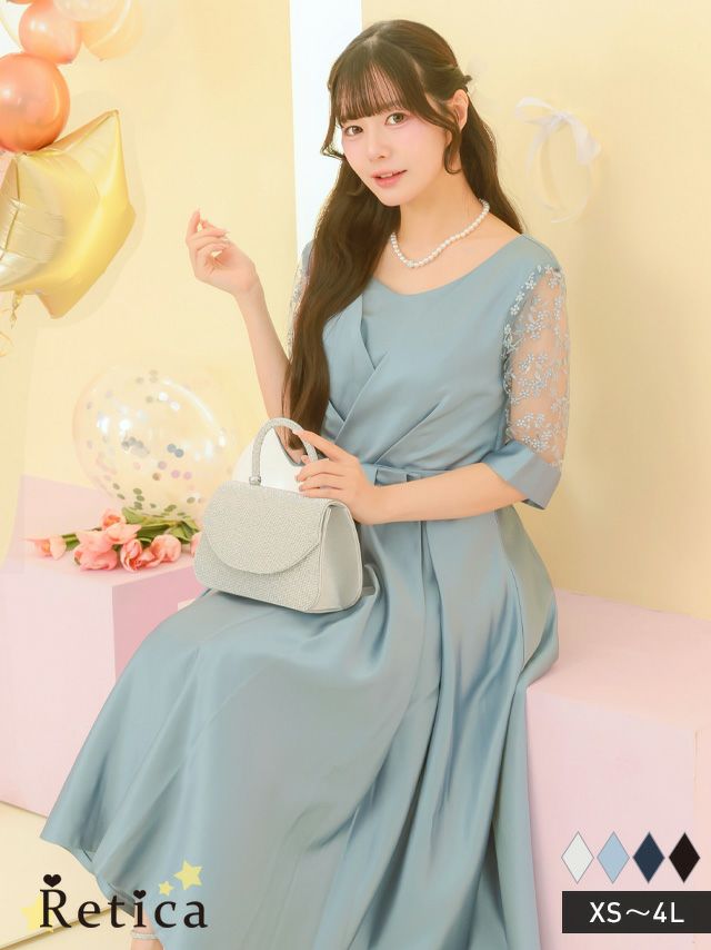 シースルー七分袖サテン生地ミモレ丈パーティードレス (XSサイズ～4Lサイズ)