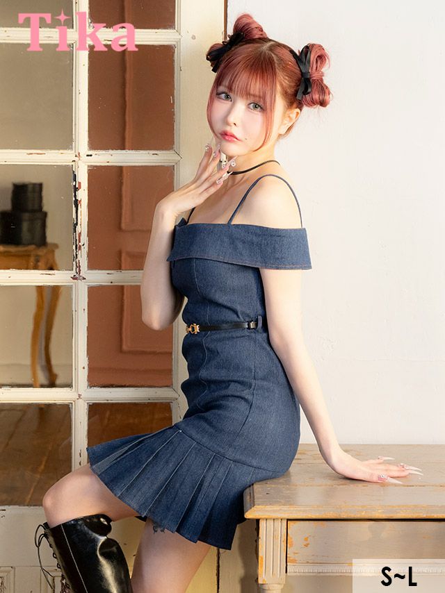 キャバドレス ミニ丈 Aライン デニム ワンピース フレア プリーツ キャバクラ