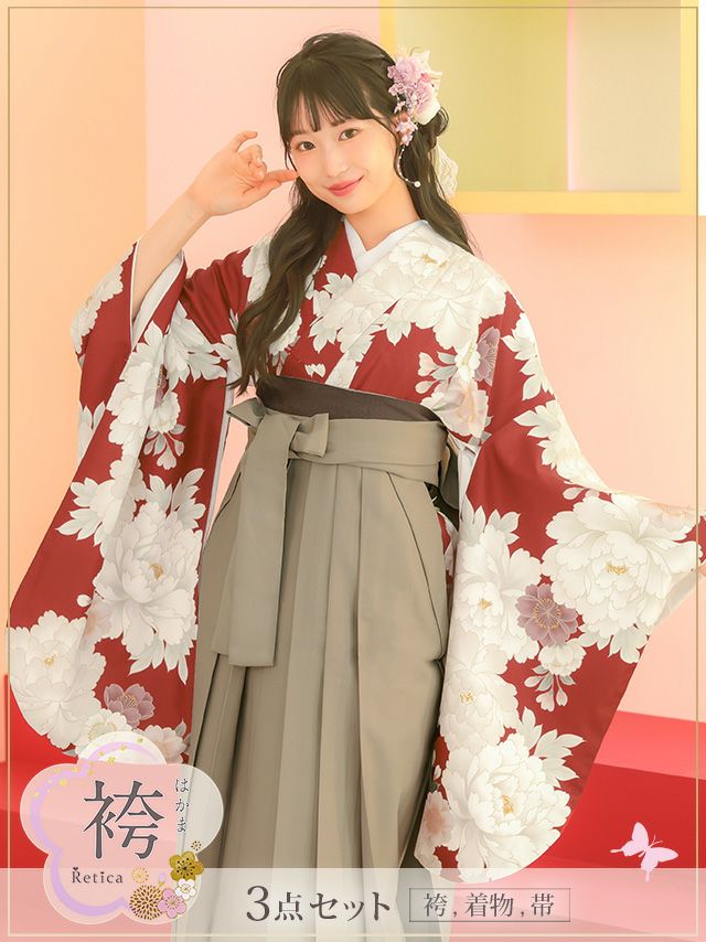 レッド×ホワイト華やか大輪牡丹と桜柄袴3点セット(袴+着物+帯)(Sサイズ～Mサイズ)
