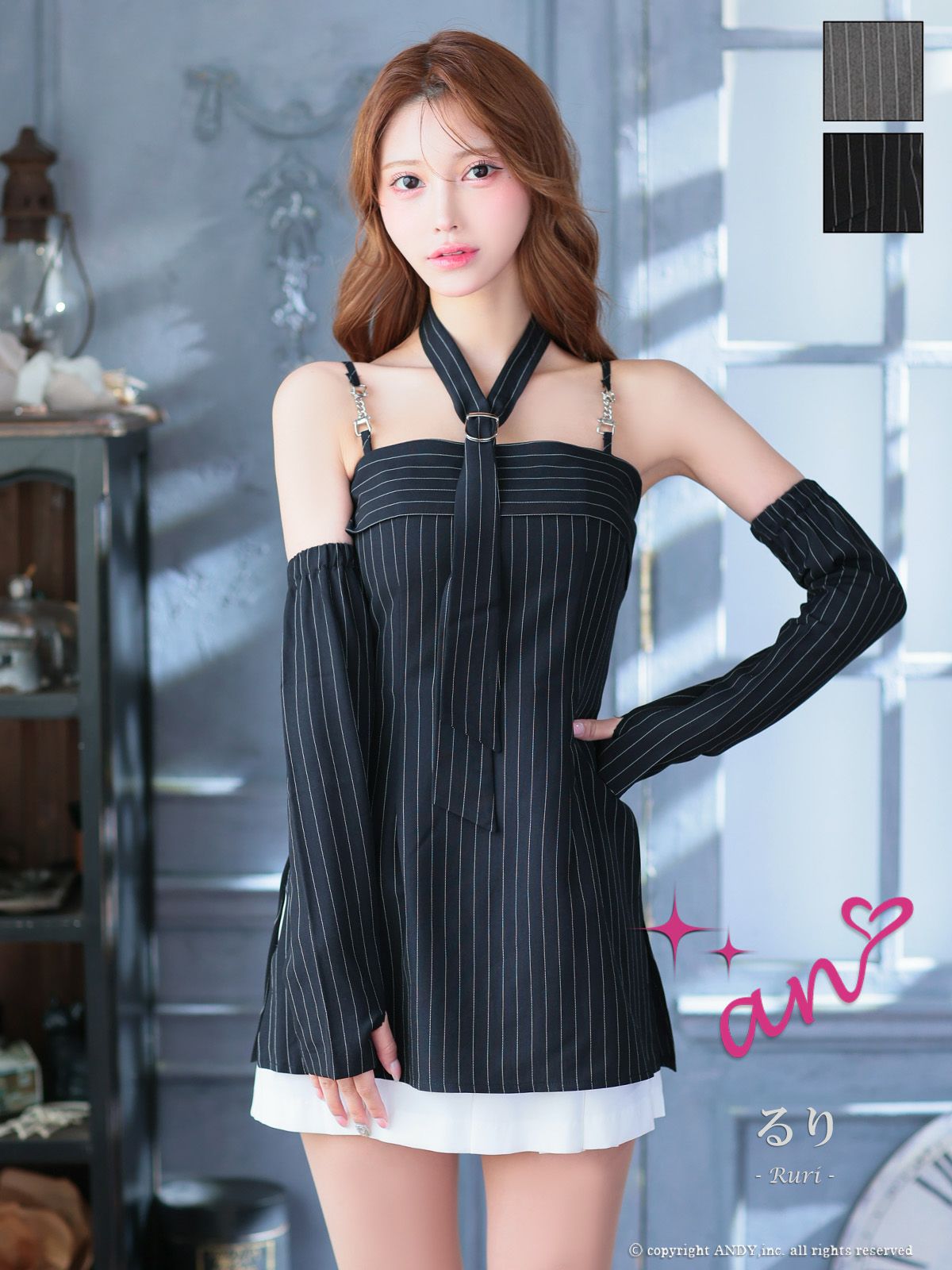 キャバドレス an アン　高級 ブランド ミニドレス キャミソール Aライン スリーブ ネクタイ付き ボーダー 2way プリーツスカート キャバドレス